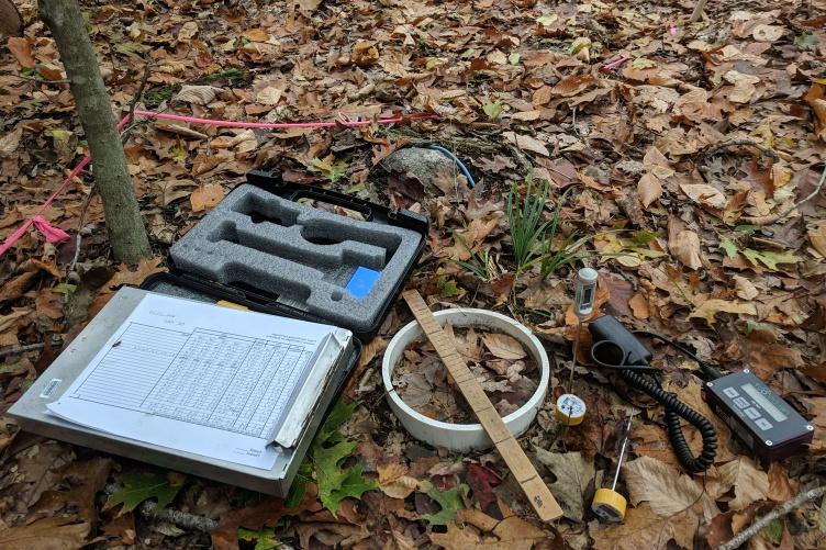 An image of field instruments laying on the ground above leaf litter.